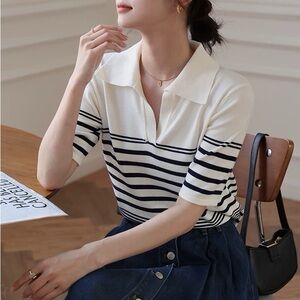 Simple Retro Davian Stripe Polo Knit Shirt